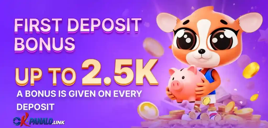 OKPANALO first deposit bonus banner showing new user welcome promotion with extra credits